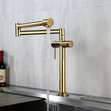 Contemporary Pot Filler Kitchen Faucet Retractable in Gold Solid Brass
